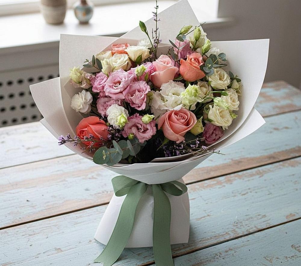 Букет цветов из: Розы, Лизиантусы и Гвоздики в Эсто-Садок